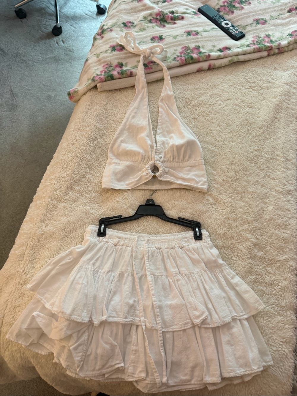 White Halter Crop Top and Tiered Mini Skirt Set